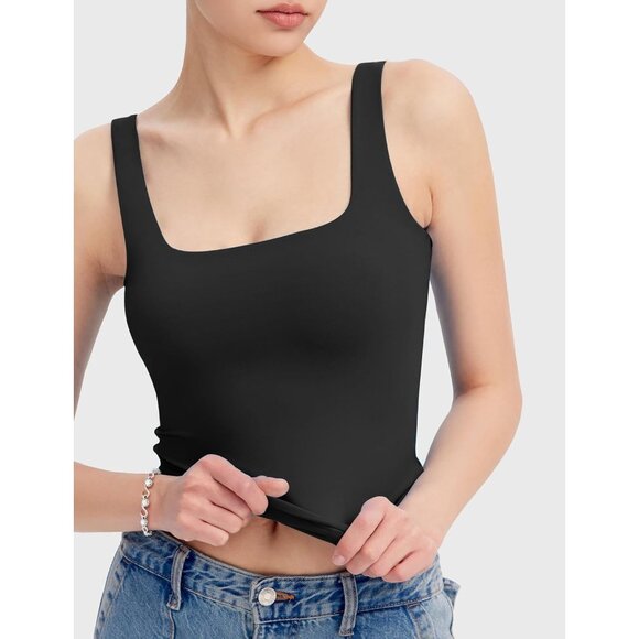 Alljoin Women Black Double Lined Square Neck Sleeveless Tank Top For Workout Gym - Picture 7 of 7